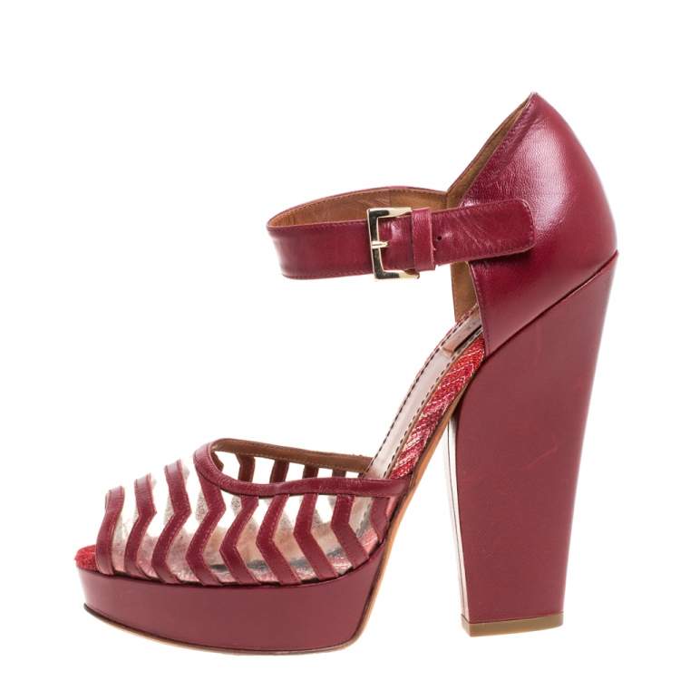 Pre Owned Missoni Maroon Leather And PVC Ankle Strap Platform Peep Toe Sandals Size 40