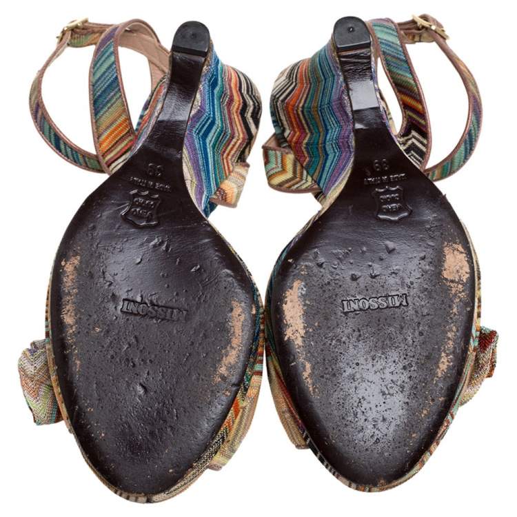 Pre Owned Missoni Multicolor Knit Fabric Knotted Bow Wedge Ankle Strap Sandals Size 39