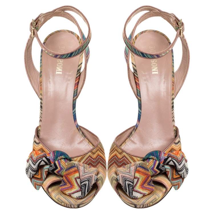 Pre Owned Missoni Multicolor Knit Fabric Knotted Bow Wedge Ankle Strap Sandals Size 39
