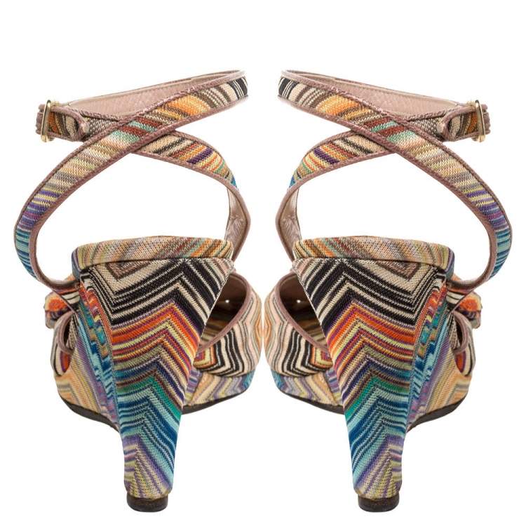 Pre Owned Missoni Multicolor Knit Fabric Knotted Bow Wedge Ankle Strap Sandals Size 39