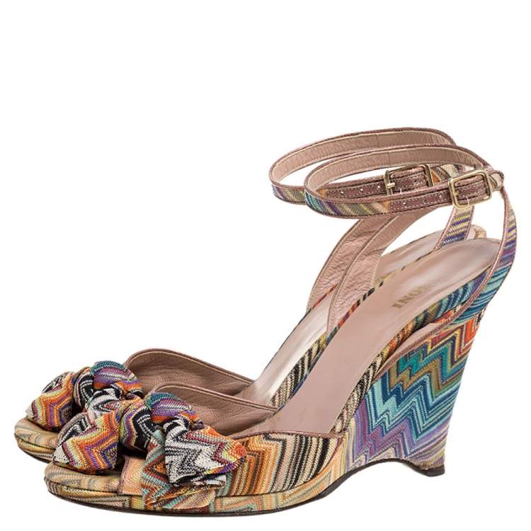 Pre Owned Missoni Multicolor Knit Fabric Knotted Bow Wedge Ankle Strap Sandals Size 39