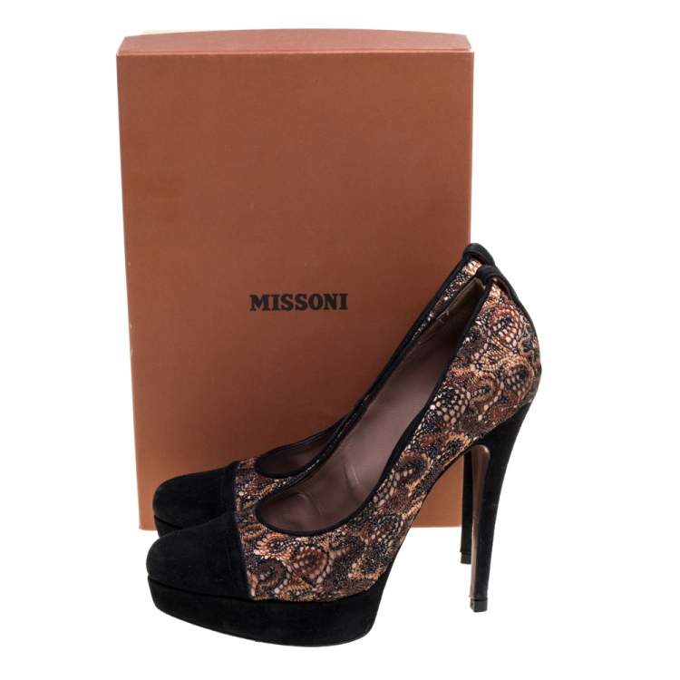 Pre Owned Missoni Black/Beige Lace and Suede Pointed Toe Platform Pumps Size 39