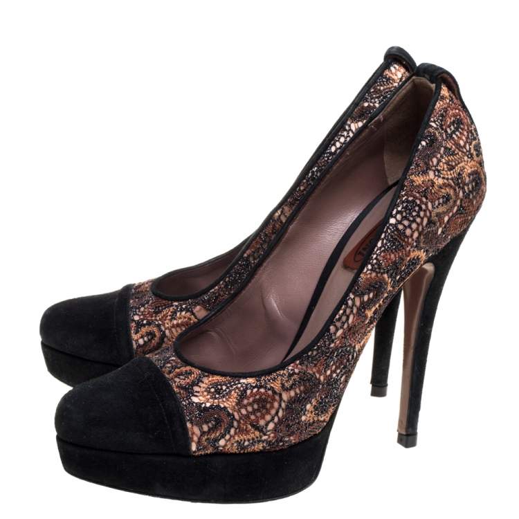 Pre Owned Missoni Black/Beige Lace and Suede Pointed Toe Platform Pumps Size 39