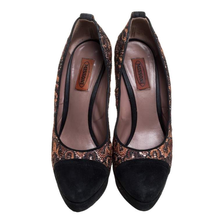 Pre Owned Missoni Black/Beige Lace and Suede Pointed Toe Platform Pumps Size 39