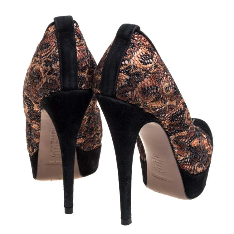 Pre Owned Missoni Black/Beige Lace and Suede Pointed Toe Platform Pumps Size 39