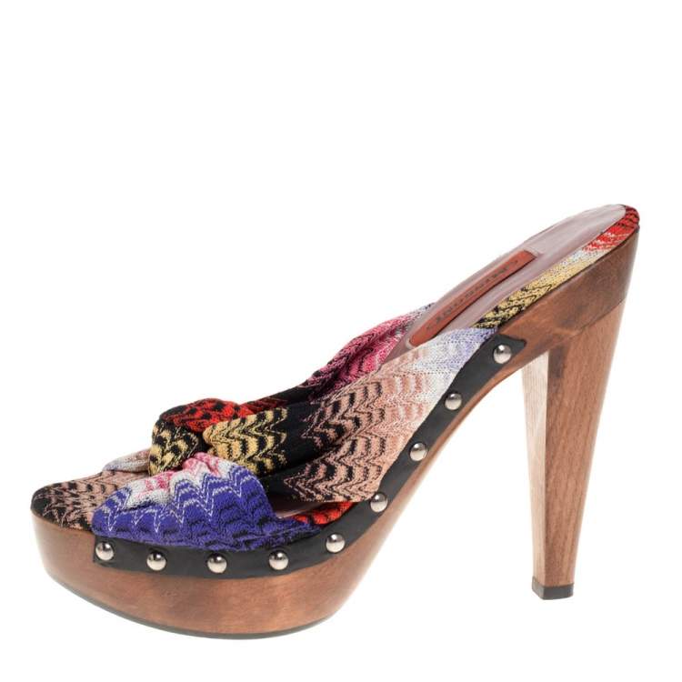 Pre Owned Missoni Multicolor Knit Fabric Knotted Clog Platform Sandals Size 38