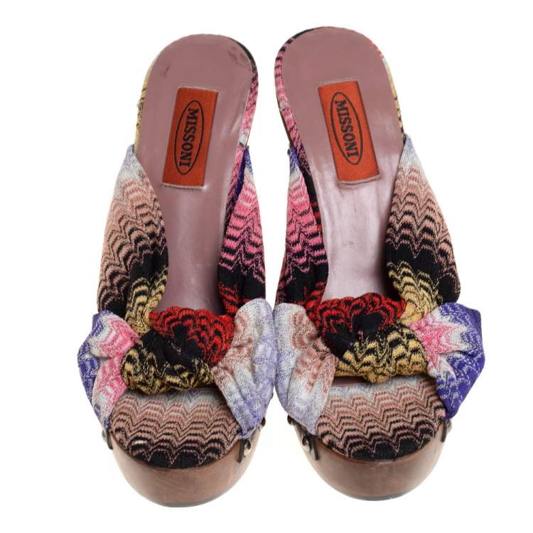 Pre Owned Missoni Multicolor Knit Fabric Knotted Clog Platform Sandals Size 38
