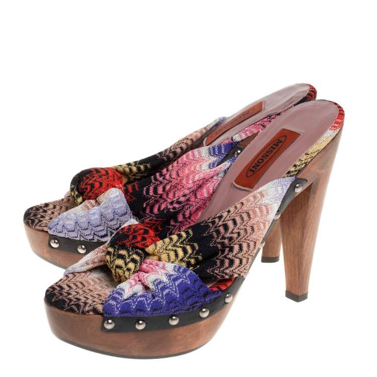 Pre Owned Missoni Multicolor Knit Fabric Knotted Clog Platform Sandals Size 38