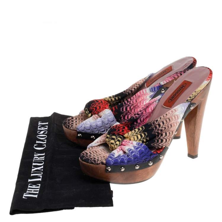 Pre Owned Missoni Multicolor Knit Fabric Knotted Clog Platform Sandals Size 38