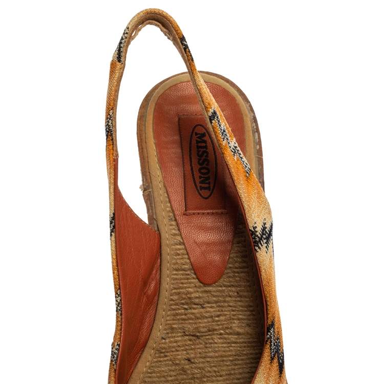 Pre Owned Missoni Orange/Black Knit Fabric Espadrille Wedge Slingback Sandals Size 39