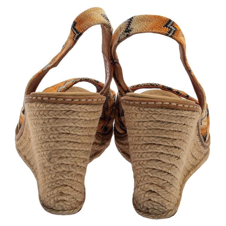 Pre Owned Missoni Orange/Black Knit Fabric Espadrille Wedge Slingback Sandals Size 39