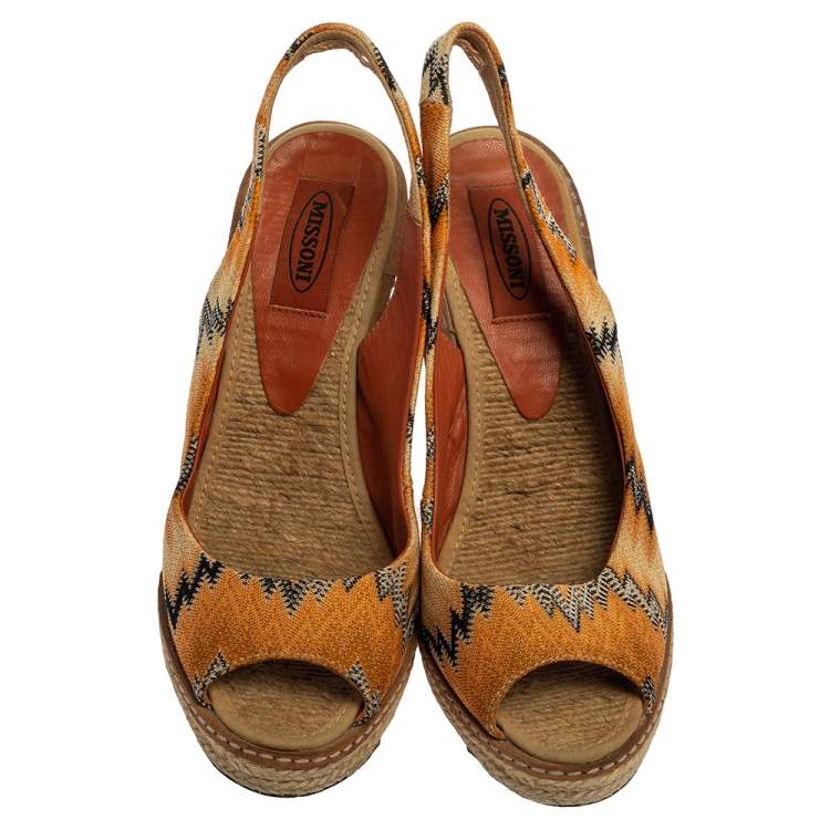 Pre Owned Missoni Orange/Black Knit Fabric Espadrille Wedge Slingback Sandals Size 39