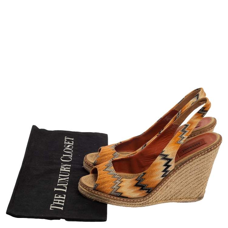 Pre Owned Missoni Orange/Black Knit Fabric Espadrille Wedge Slingback Sandals Size 39