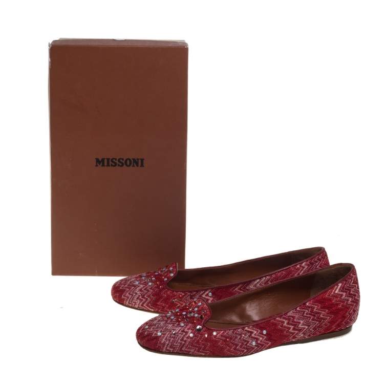 Pre Owned Missoni Red/White Lurex And Jacquard Fabric Embellished Ballet Flats Size 38