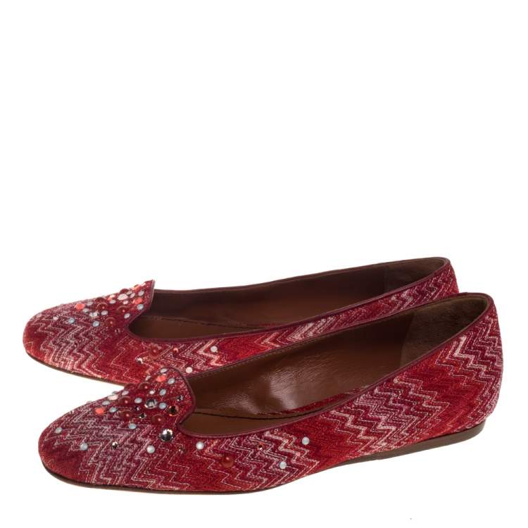 Pre Owned Missoni Red/White Lurex And Jacquard Fabric Embellished Ballet Flats Size 38