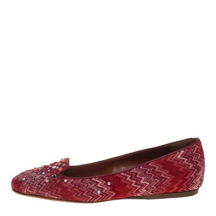 Pre Owned Missoni Red/White Lurex And Jacquard Fabric Embellished Ballet Flats Size 38
