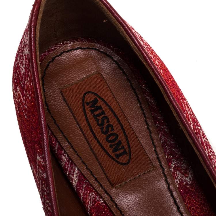 Pre Owned Missoni Red/White Lurex And Jacquard Fabric Embellished Ballet Flats Size 38