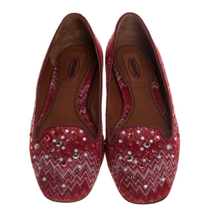 Pre Owned Missoni Red/White Lurex And Jacquard Fabric Embellished Ballet Flats Size 38