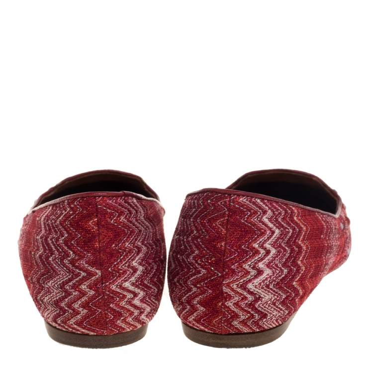 Pre Owned Missoni Red/White Lurex And Jacquard Fabric Embellished Ballet Flats Size 38