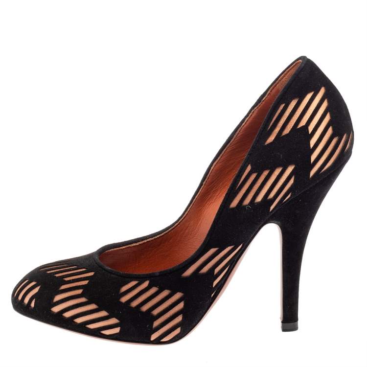Pre Owned Missoni Black Laser Cut Suede And Pink Satin Round Toe Pumps Size 37.5
