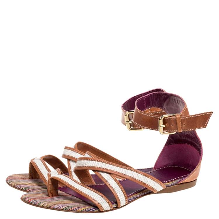 Pre Owned Missoni Beige/White Leather And Fabric Flat Sandals Size 38