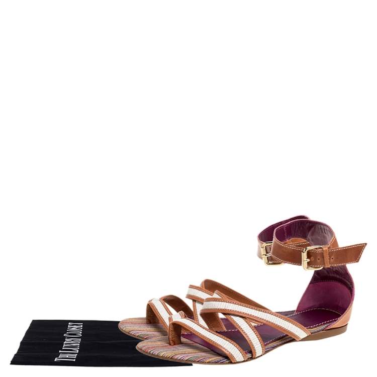Pre Owned Missoni Beige/White Leather And Fabric Flat Sandals Size 38