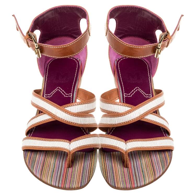 Pre Owned Missoni Beige/White Leather And Fabric Flat Sandals Size 38