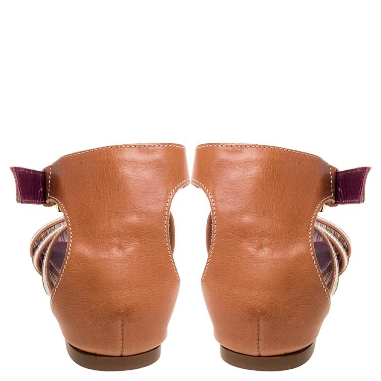 Pre Owned Missoni Beige/White Leather And Fabric Flat Sandals Size 38
