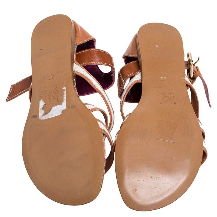 Pre Owned Missoni Beige/White Leather And Fabric Flat Sandals Size 38