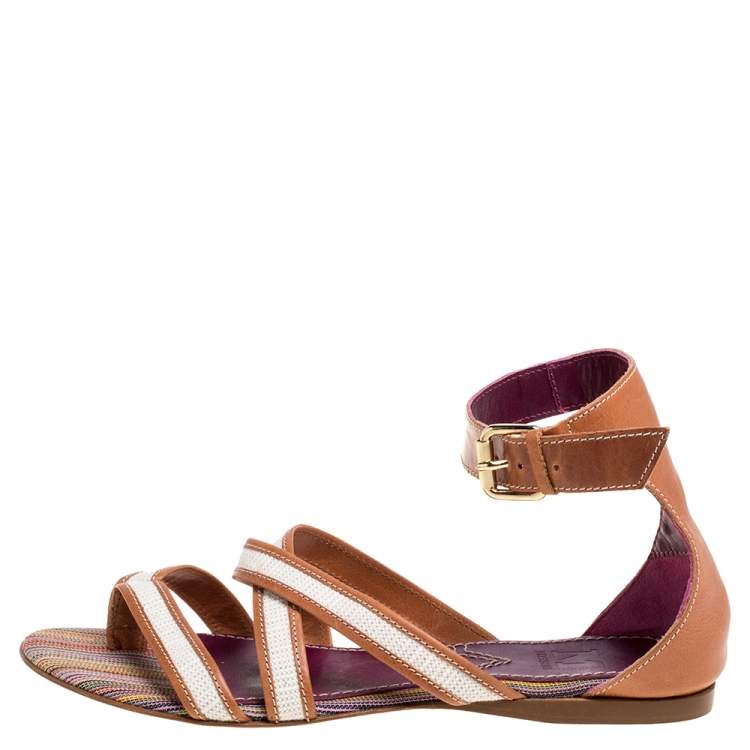 Pre Owned Missoni Beige/White Leather And Fabric Flat Sandals Size 38