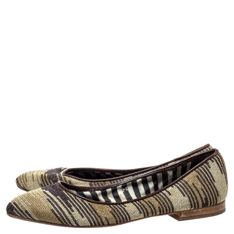 Pre Owned Missoni Metallic And Brown Fabric And Leather Ballet Flats Size 39