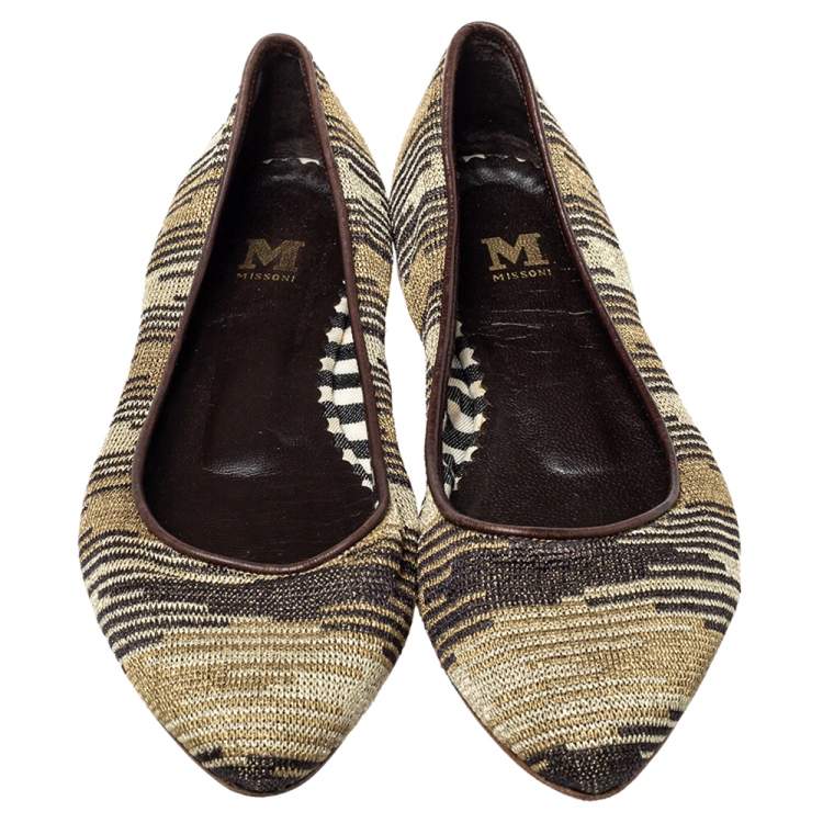 Pre Owned Missoni Metallic And Brown Fabric And Leather Ballet Flats Size 39