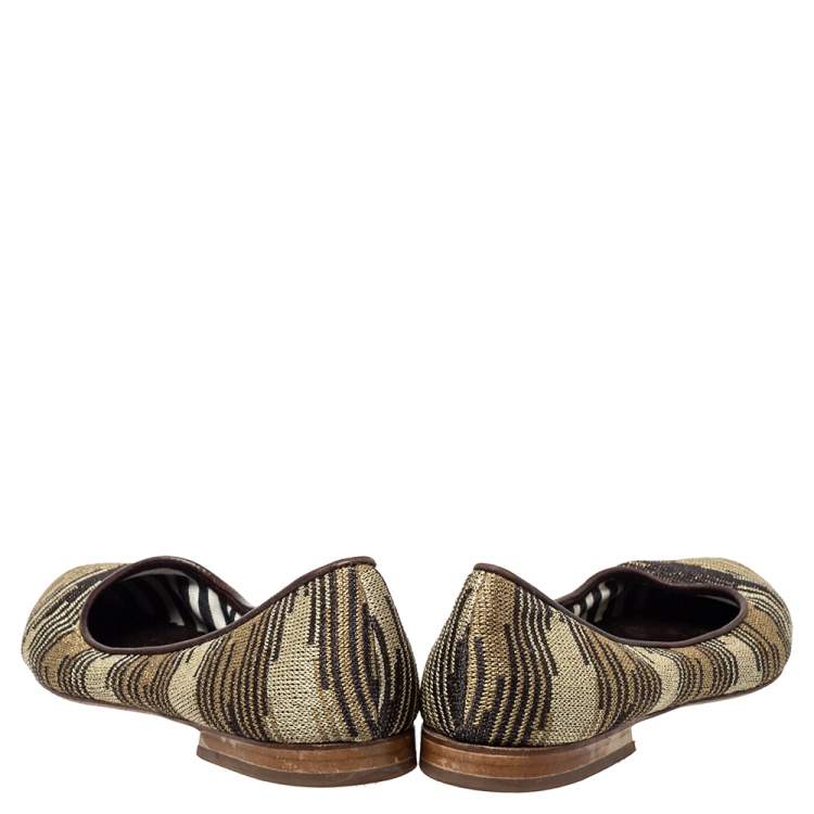 Pre Owned Missoni Metallic And Brown Fabric And Leather Ballet Flats Size 39