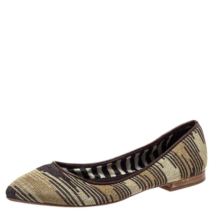 Pre Owned Missoni Metallic And Brown Fabric And Leather Ballet Flats Size 39