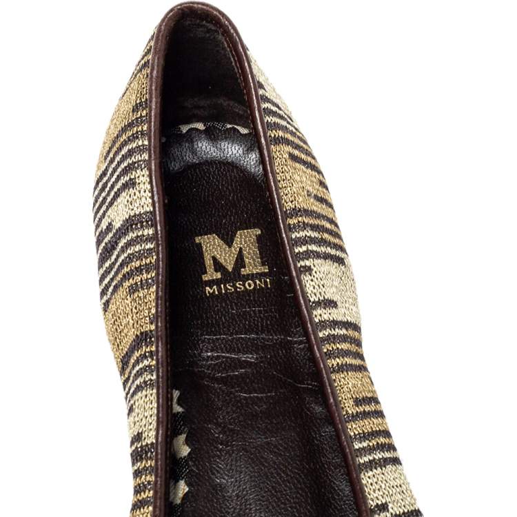 Pre Owned Missoni Metallic And Brown Fabric And Leather Ballet Flats Size 39