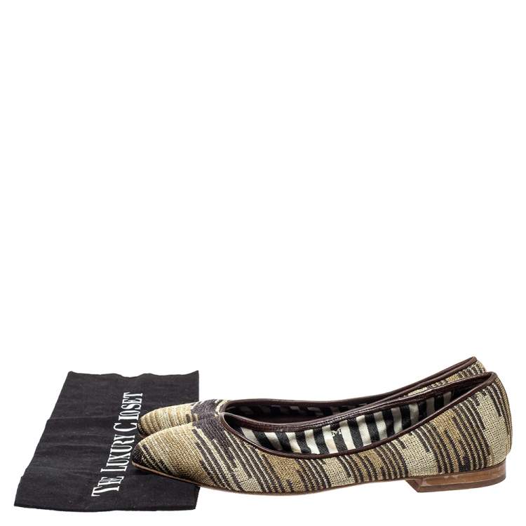 Pre Owned Missoni Metallic And Brown Fabric And Leather Ballet Flats Size 39
