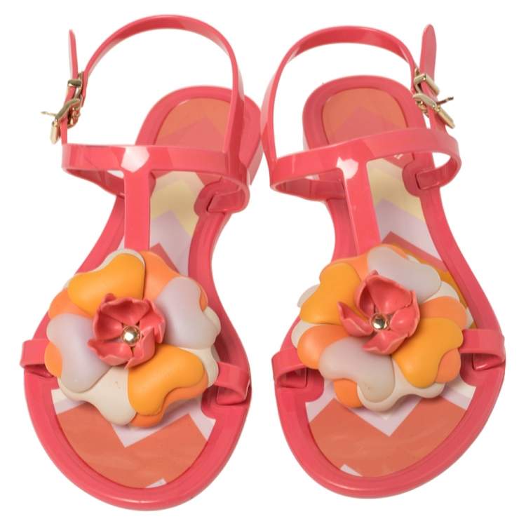 Pre Owned Missoni Pink Rubber Rose Ankle Strap Flat Sandals Size 36