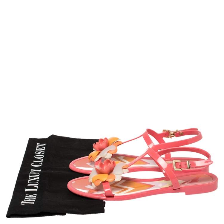 Pre Owned Missoni Pink Rubber Rose Ankle Strap Flat Sandals Size 36