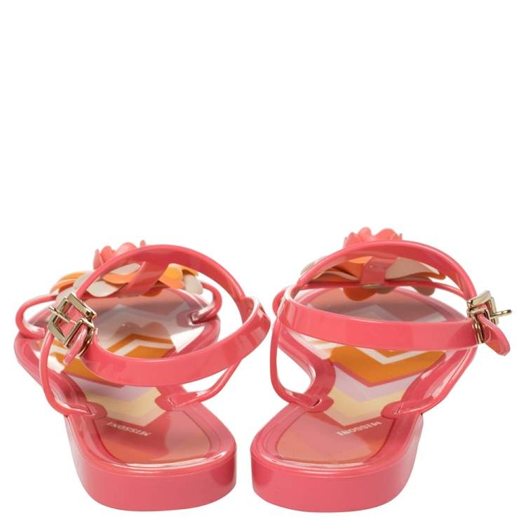 Pre Owned Missoni Pink Rubber Rose Ankle Strap Flat Sandals Size 36