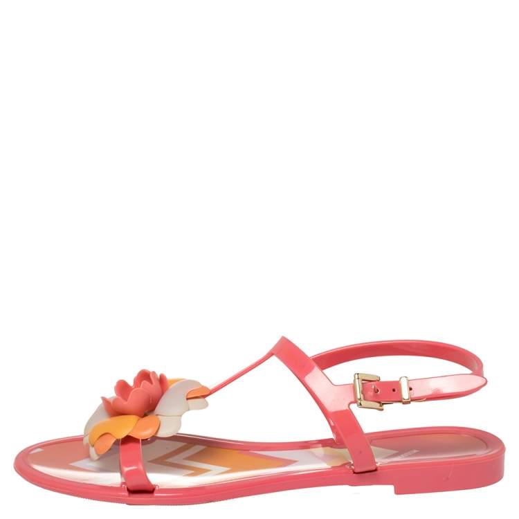 Pre Owned Missoni Pink Rubber Rose Ankle Strap Flat Sandals Size 36