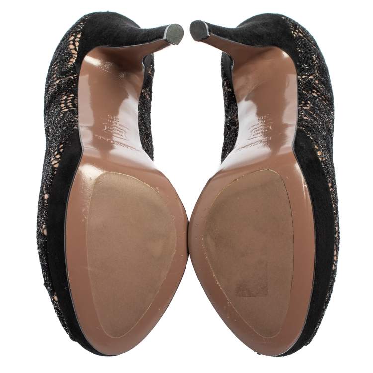 Pre Owned Missoni Black Lace And Suede Peep Toe Platform Pumps Size 36