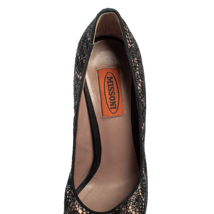 Pre Owned Missoni Black Lace And Suede Peep Toe Platform Pumps Size 36