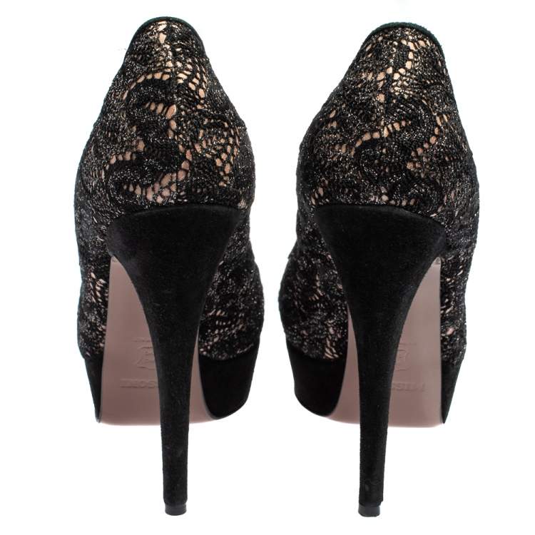 Pre Owned Missoni Black Lace And Suede Peep Toe Platform Pumps Size 36