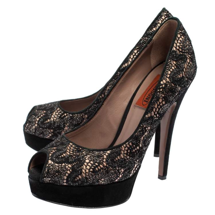 Pre Owned Missoni Black Lace And Suede Peep Toe Platform Pumps Size 36