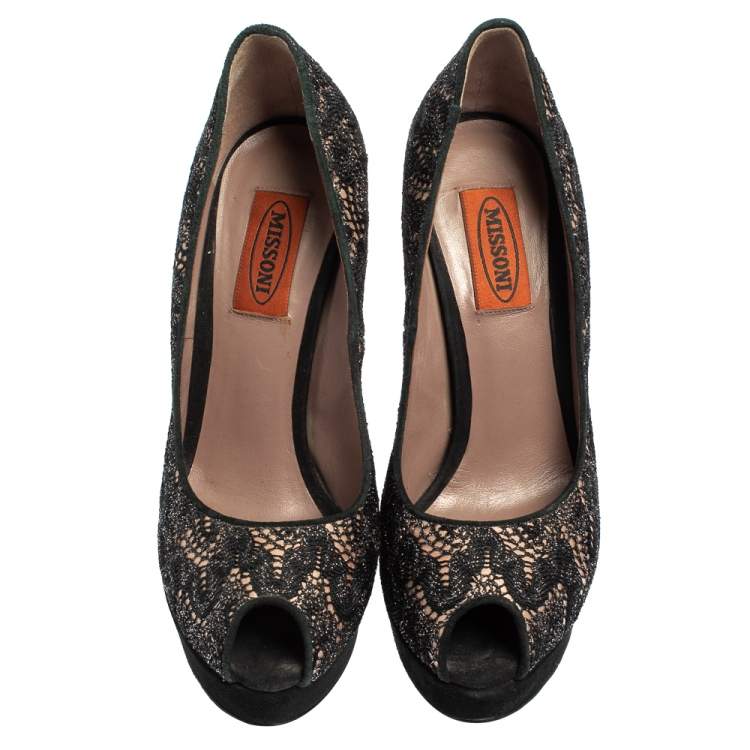 Pre Owned Missoni Black Lace And Suede Peep Toe Platform Pumps Size 36