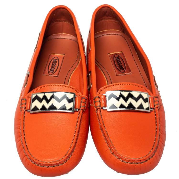Pre Owned Missoni Orange Leather Slip on Loafer Size 40
