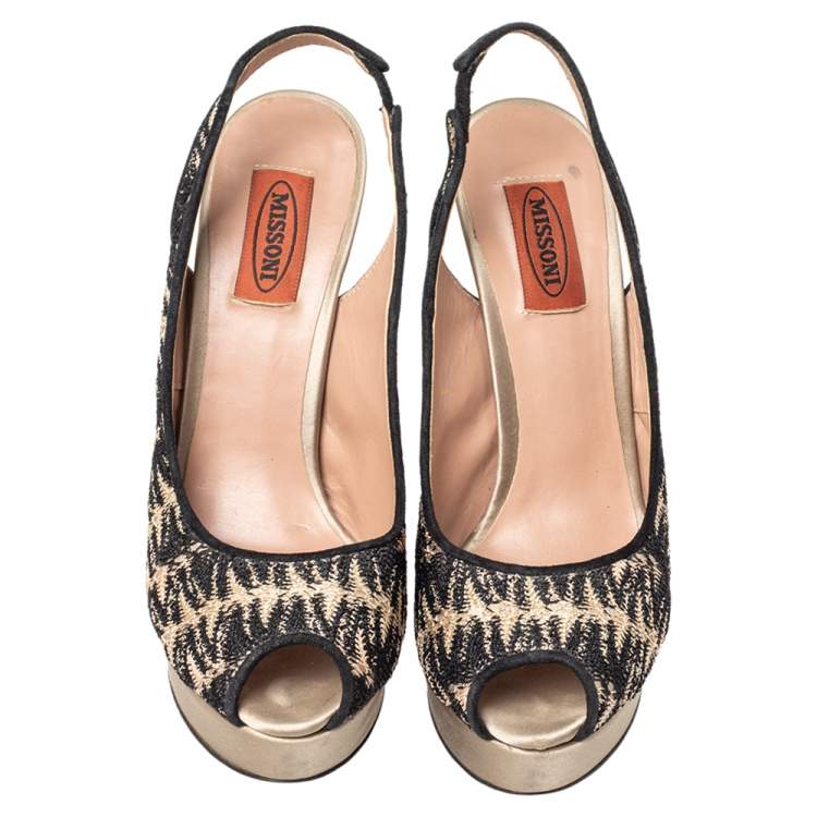Pre Owned Missoni Multicolor Lace And Satin Platform Peep Toe Slingback Sandals Size 38.5