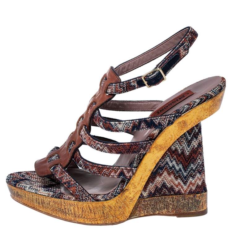 Pre Owned Missoni Multicolor Fabric and Leather Wedge Platform Sandals Size 38