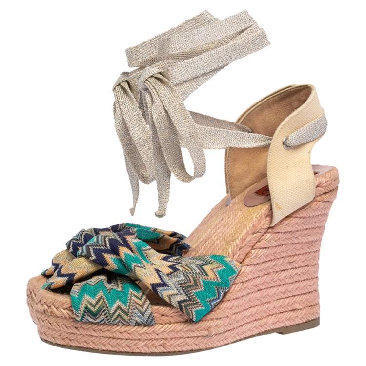 Pre Owned Missoni Multicolor Lurex Fabric And Canvas Knotted Espadrille Wedge Ankle Wrap Sandals Size 38