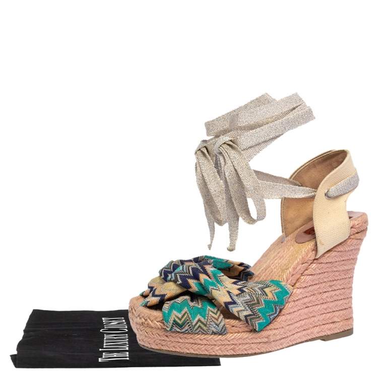 Pre Owned Missoni Multicolor Lurex Fabric And Canvas Knotted Espadrille Wedge Ankle Wrap Sandals Size 38